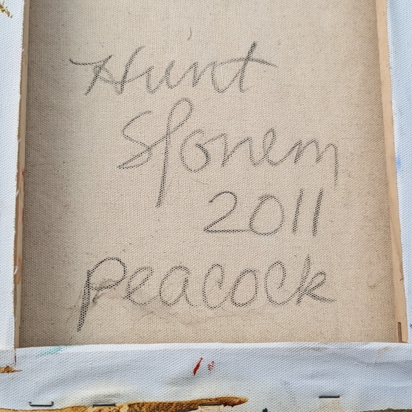 Oil on canvas peacock painting by Hunt Slonem.  11" x 14".  Painted 2011. - Picture 9 of 15